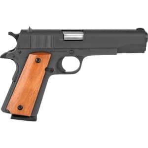 Side profile of a semi-automatic pistol with wooden grip panels and an exposed magazine baseplate to the left