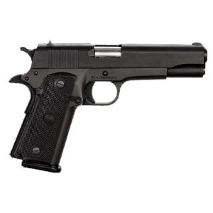 Left-side profile of a black semi-automatic pistol with a textured grip and visible trigger guard.