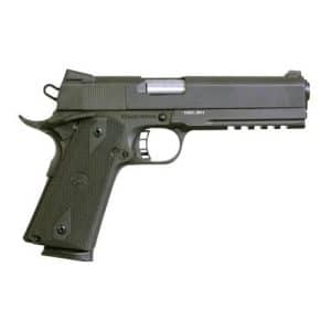 Side view of a black semi-automatic pistol with a textured grip and accessory rail