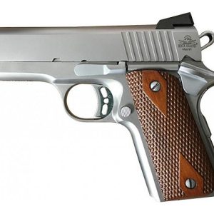 Semi-automatic handgun with a silver slide and brown textured wooden grip viewed from the side.