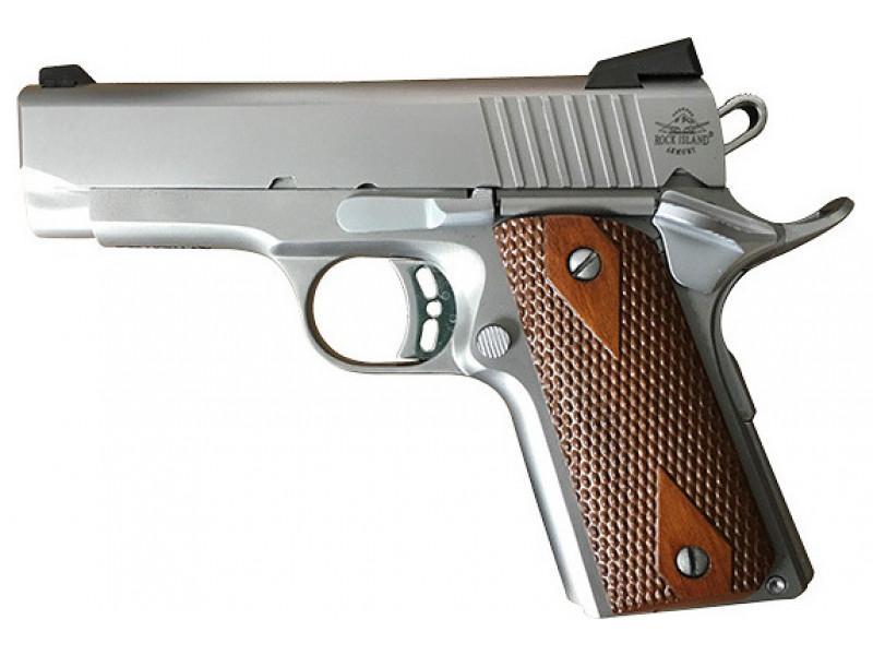 Semi-automatic handgun with a silver slide and brown textured wooden grip viewed from the side.