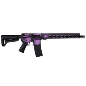 Purple AR-style rifle with a collapsible stock and long, vented handguard.