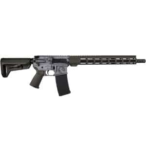 AR-15 style rifle with collapsible stock, pistol grip, and long perforated handguard on a white background