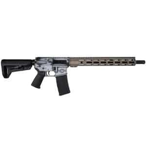 Full-length AR-style rifle with collapsible stock, black grip, and a long vented handguard with a detachable magazine