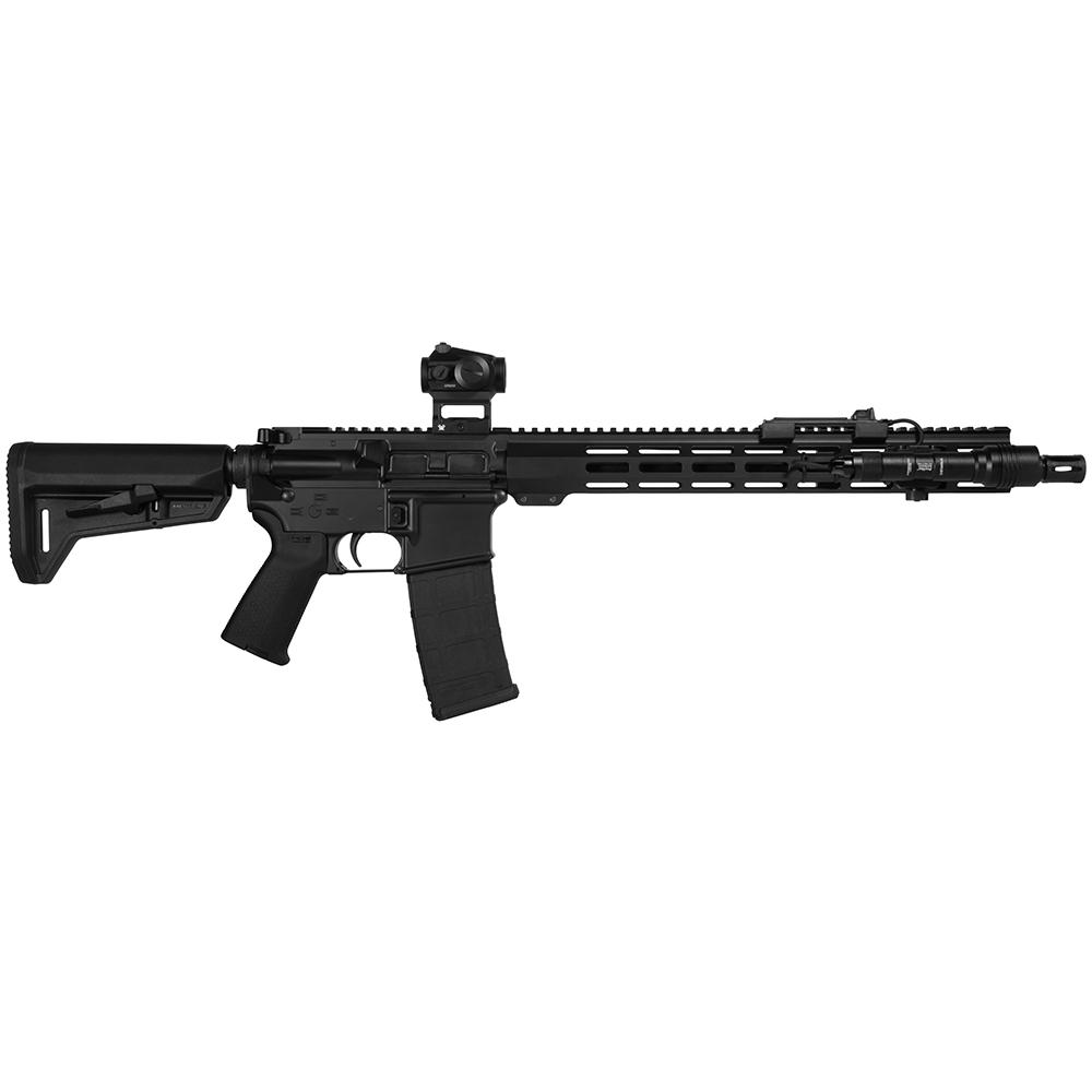 Black AR-style semi-automatic rifle shown in profile with collapsible stock, scope and long rail handguard