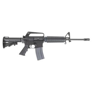 Black AR-style military rifle with a collapsible stock, carrying handle, ribbed handguard, and curved magazine (assault rifle).