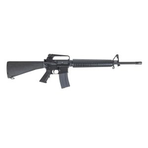 Black AR-15–style rifle in profile with a detachable magazine and ribbed handguard on a white background