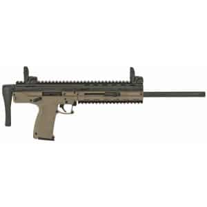 Partial view of a tan-and-black assault rifle laid horizontally, showing the rail system and grip portion.