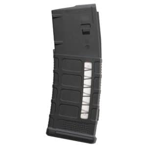 Side view of a black curved polymer rifle magazine with a textured surface and metal baseplate
