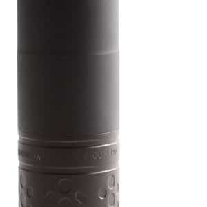Close-up of a matte black cylindrical metal device with a textured, knurled lower section and circular indentations, photographed on a white background.