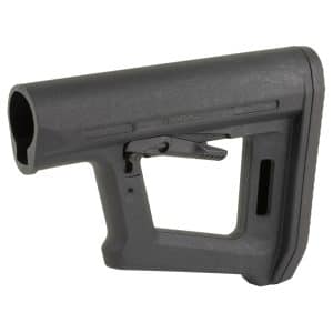 Black Magpul rifle buttstock with a collapsible stock and hollow rear opening, shown from side.
