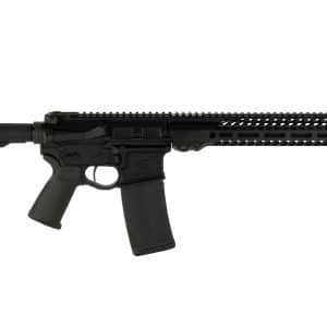 Black AR-style rifle with collapsible stock, pistol grip, and long vented handguard in profile
