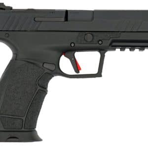 Semi-automatic handgun in profile view, black with a textured grip, red trigger, and accessory rail, isolated on white background.