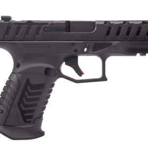 Side view of a black polymer-frame semi-automatic pistol with a textured grip and serrated slide.