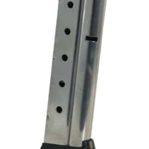 Metal handgun magazine with round-count holes and a black base plate, standing upright.